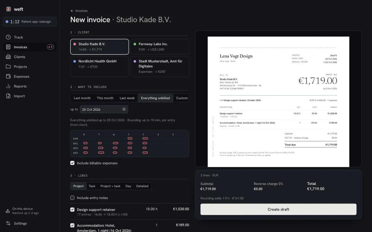 The invoice composer: Studio Kade’s unbilled time on the left, a live, print-accurate invoice preview on the right.