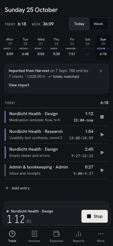 Weft on a phone: today’s entries and the running timer within thumb reach.