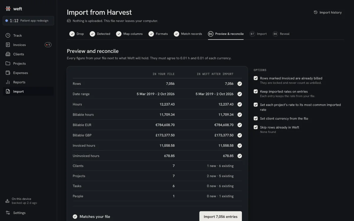 Preview and reconcile: every figure in the Harvest file next to what Weft will hold after import, each with a check mark.