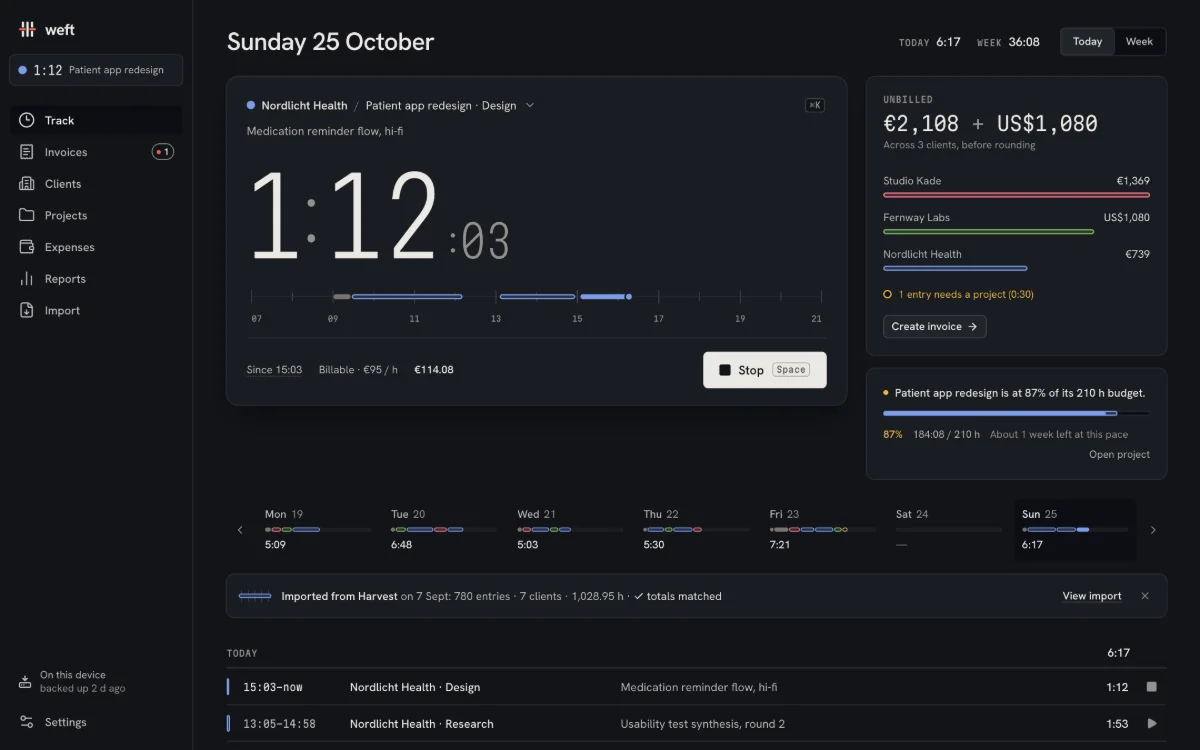 Weft’s Track screen: a running timer at 1:12, this week’s days as threads, and an Unbilled card showing money waiting to be invoiced.