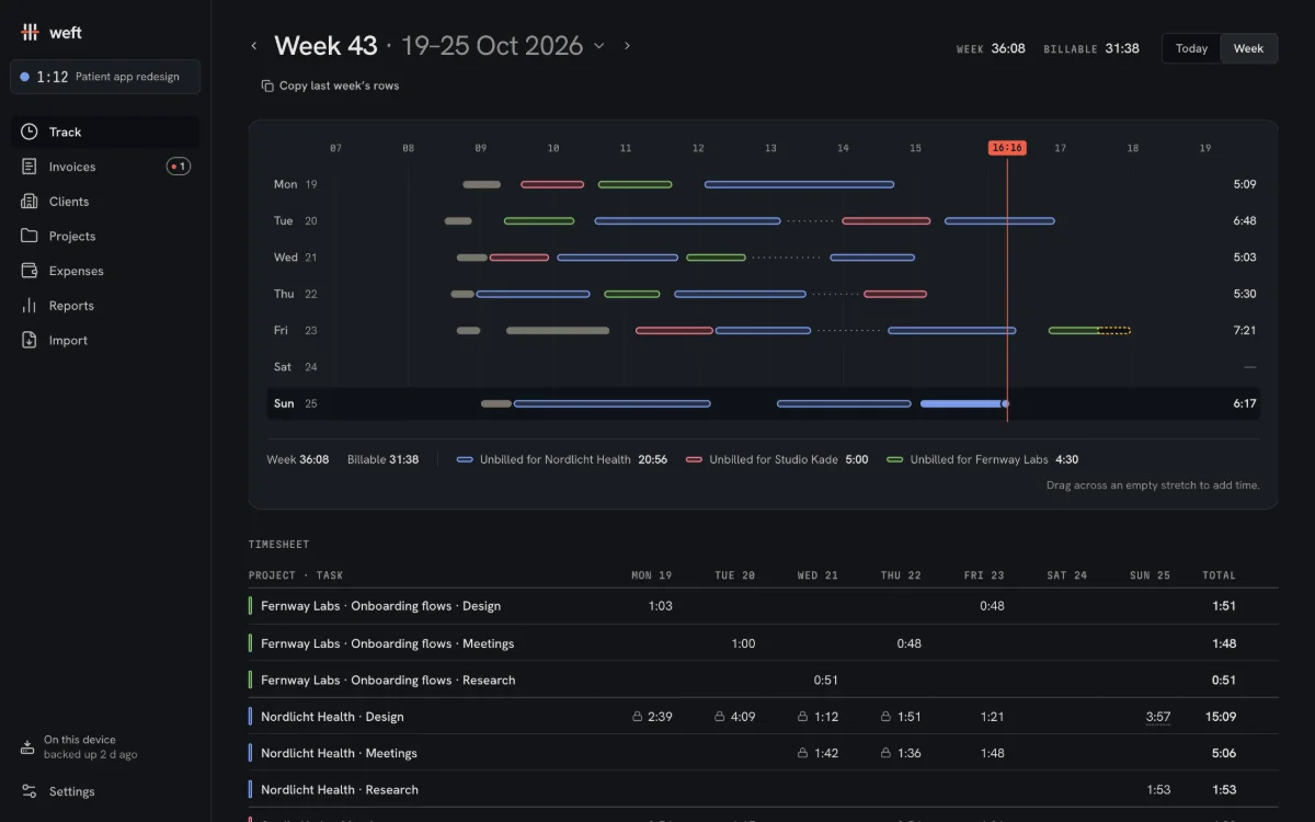 The week loom: seven rows of client-coloured threads across the hours, above a keyboard-driven timesheet.