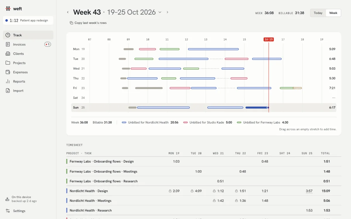 The week loom: seven rows of client-coloured threads across the hours, above a keyboard-driven timesheet.